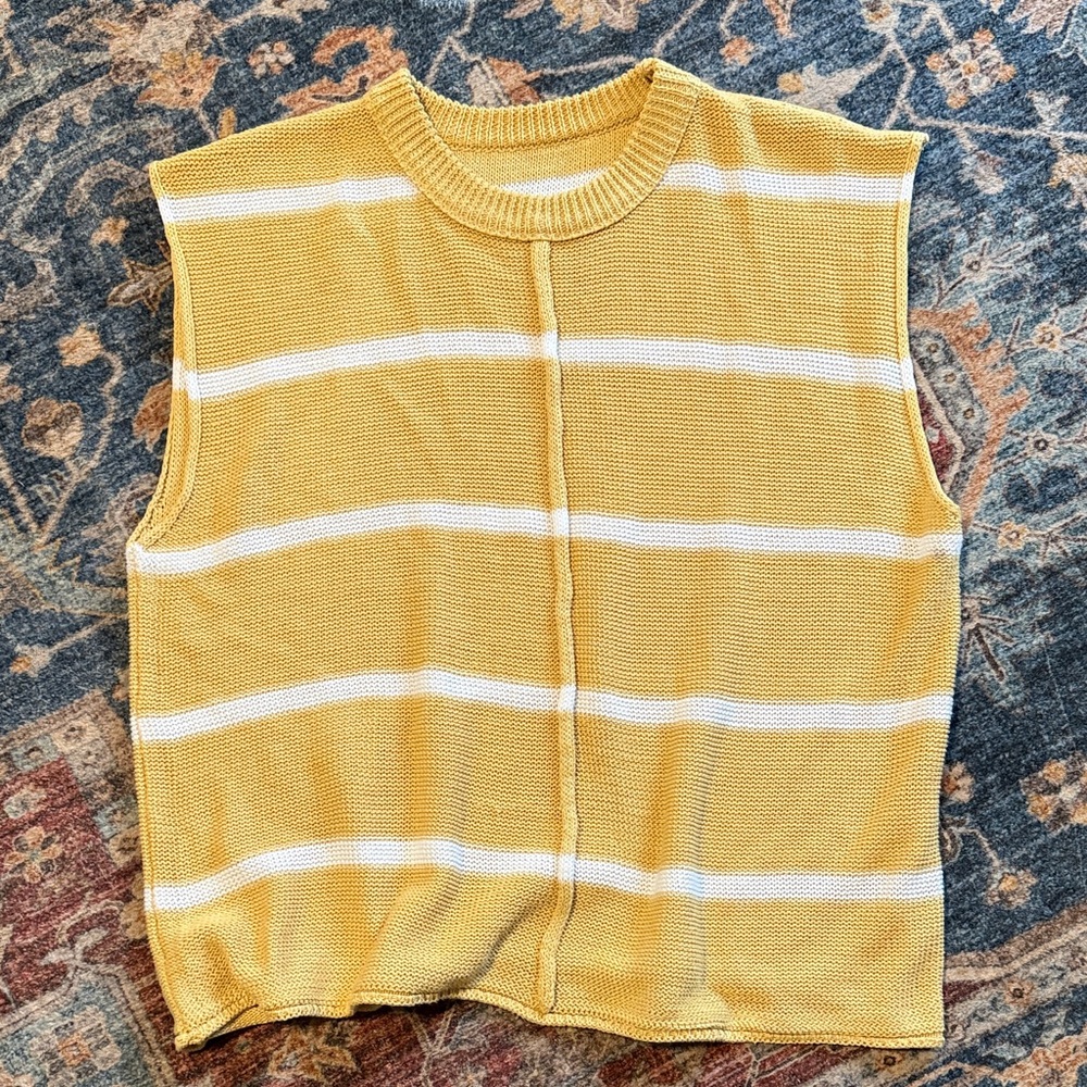 Yellow and White Striped Sleeveless Sweater